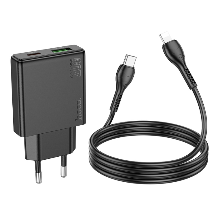 Hoco N38 gyorstöltő adapter USB-A/Type-C csatlakozással (PD20W teljesítménnyel) , Type-C-Lightning kábellel fekete 3