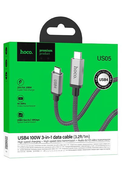 Hoco US05 USB-C Thunderbolt 3 100W kábel  fekete 2