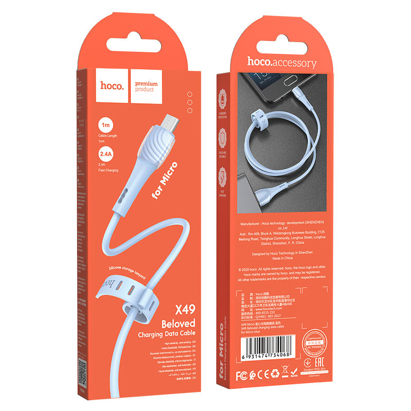 Hoco X49 microUSB kábel, 2.4A, 1M, kék 1