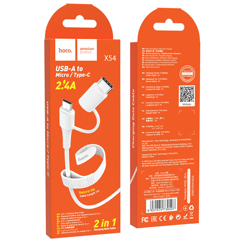 Hoco X54 2in1 kábel (microUSB + type-C), 2.4A, fehér 0
