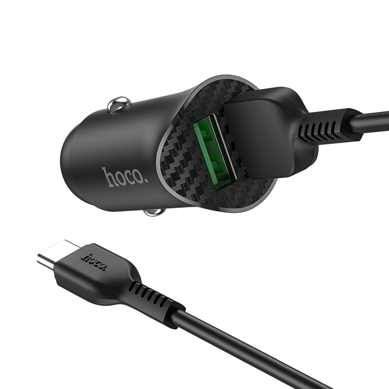 Hoco Z39 autós gyorstöltő (2 USB port, type-C kábel), QC 3.0, 18W, fekete