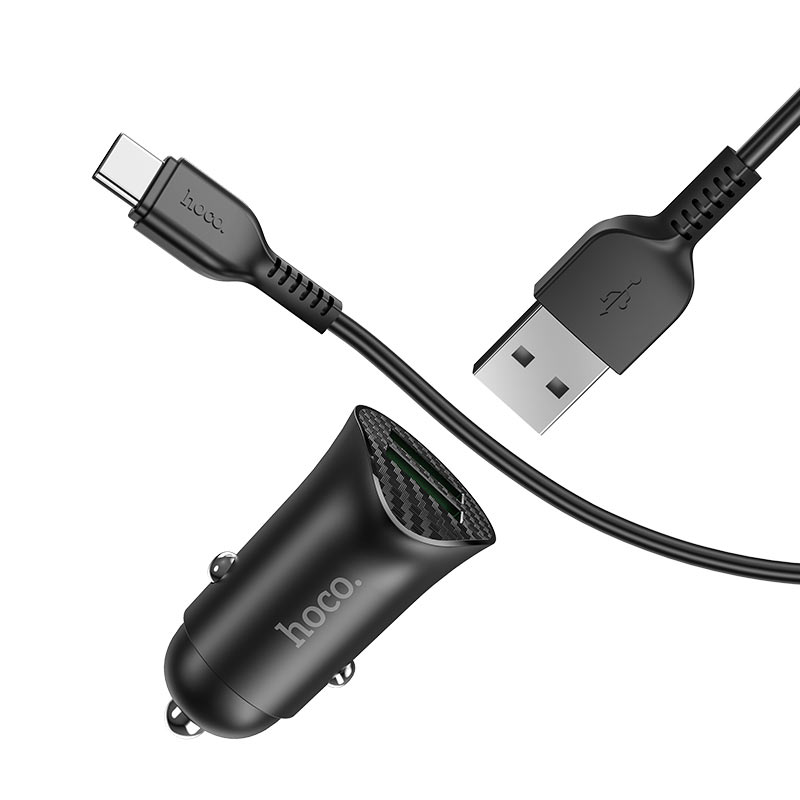 Hoco Z39 autós gyorstöltő (2 USB port, type-C kábel), QC 3.0, 18W, fekete