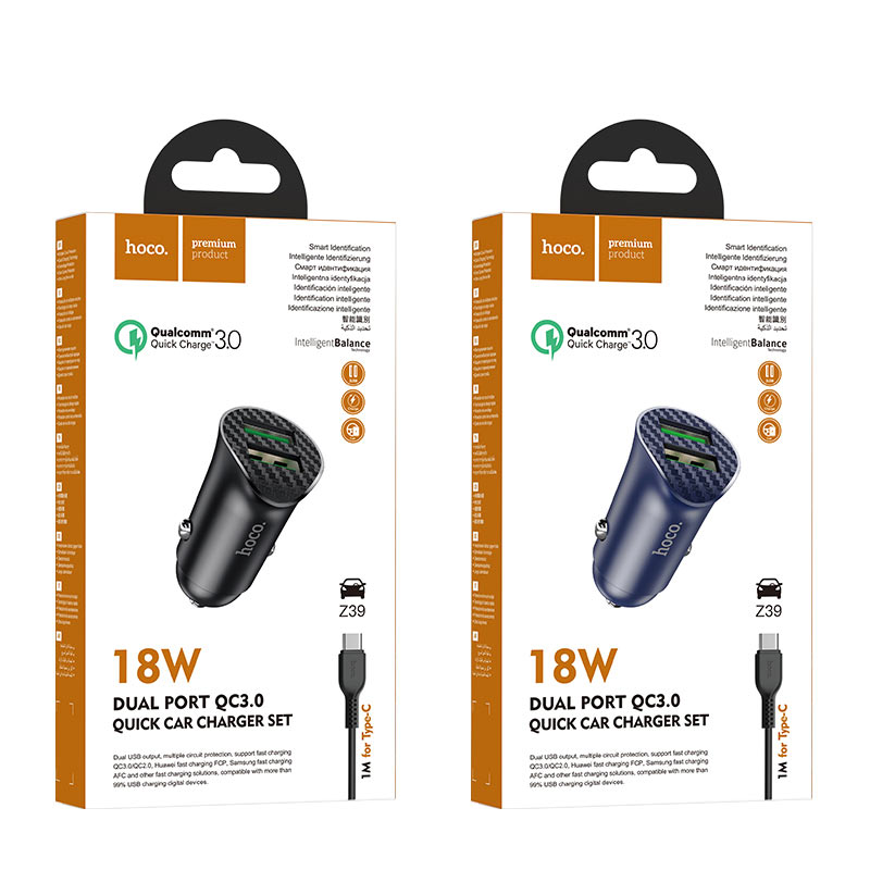 Hoco Z39 autós gyorstöltő (2 USB port, type-C kábel), QC 3.0, 18W, fekete