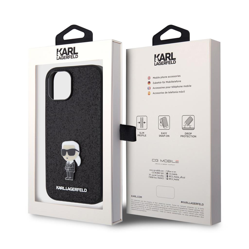 Apple iPhone 16 Karl Lagerfeld Fixed Glitter Metal Ikonik tok (Fekete) – KLHCP16SGKNPSK