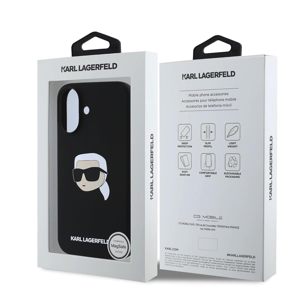 Apple iPhone 16 Karl Lagerfeld Liquid Silicone Karl Head MagSafe tok (Fekete) – KLHMP16SSKHPPLK