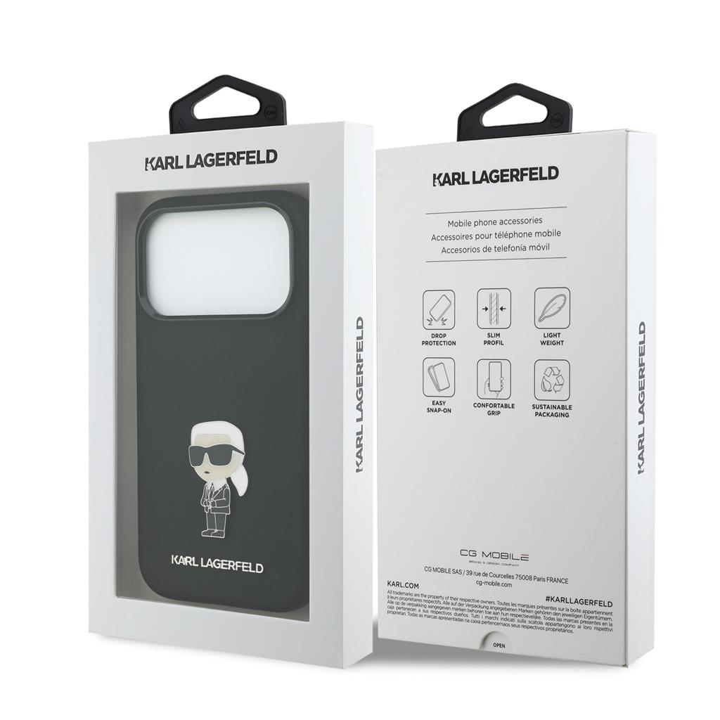 Karl Lagerfeld Liquid Silicone Metal Ikonik tok iPhone 17 Pro (Fekete)