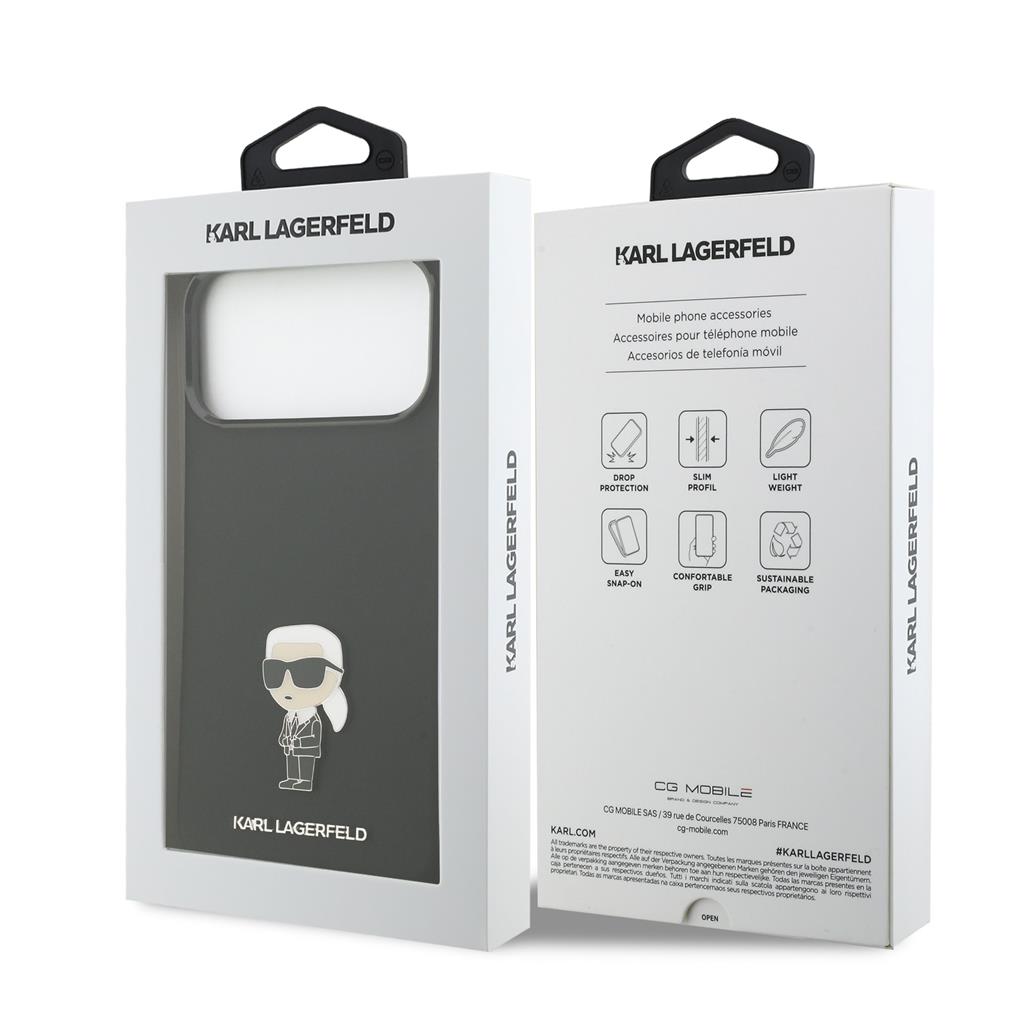Karl Lagerfeld Liquid Silicone Metal Ikonik tok iPhone 17 Pro Max (Fekete)