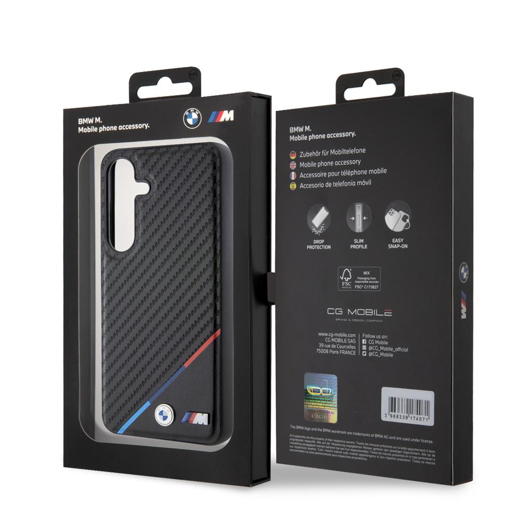 Samsung Galaxy S24 BMW M PU Leather Carbon MagSafe tok – Tricolor Line (Fekete) - BMHMS24S23PUDTK