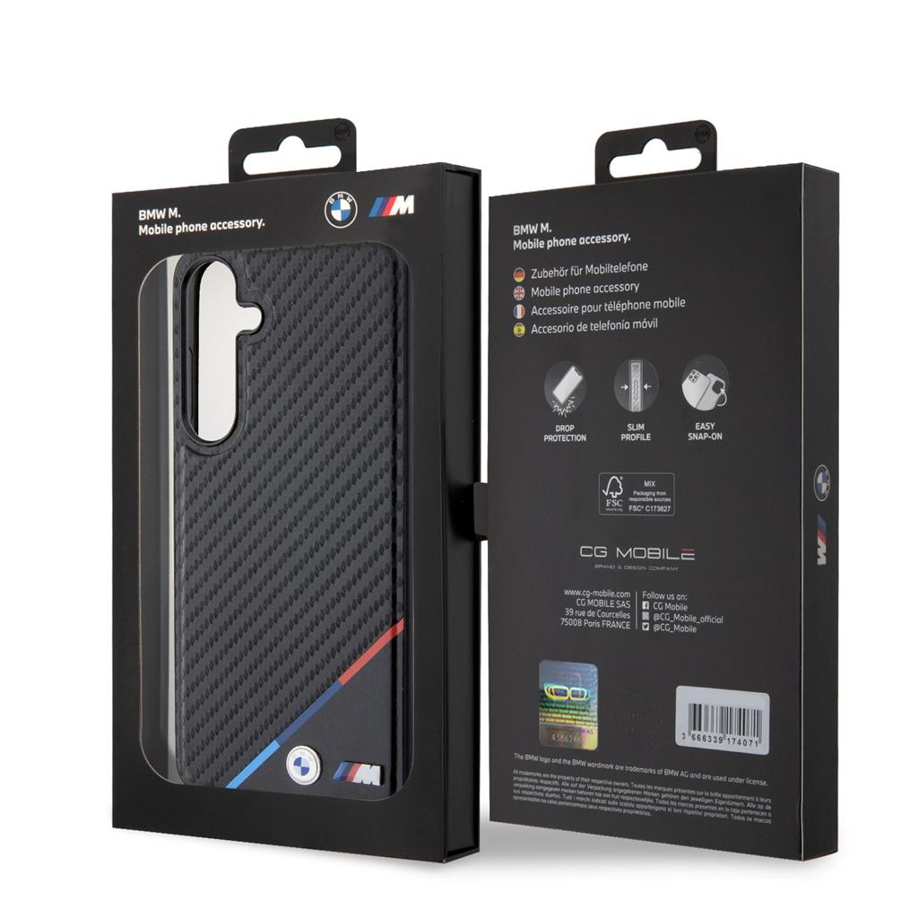 Samsung Galaxy S24+ BMW M PU Leather Carbon MagSafe tok – Tricolor Line (Fekete) - BMHMS24M23PUDTK