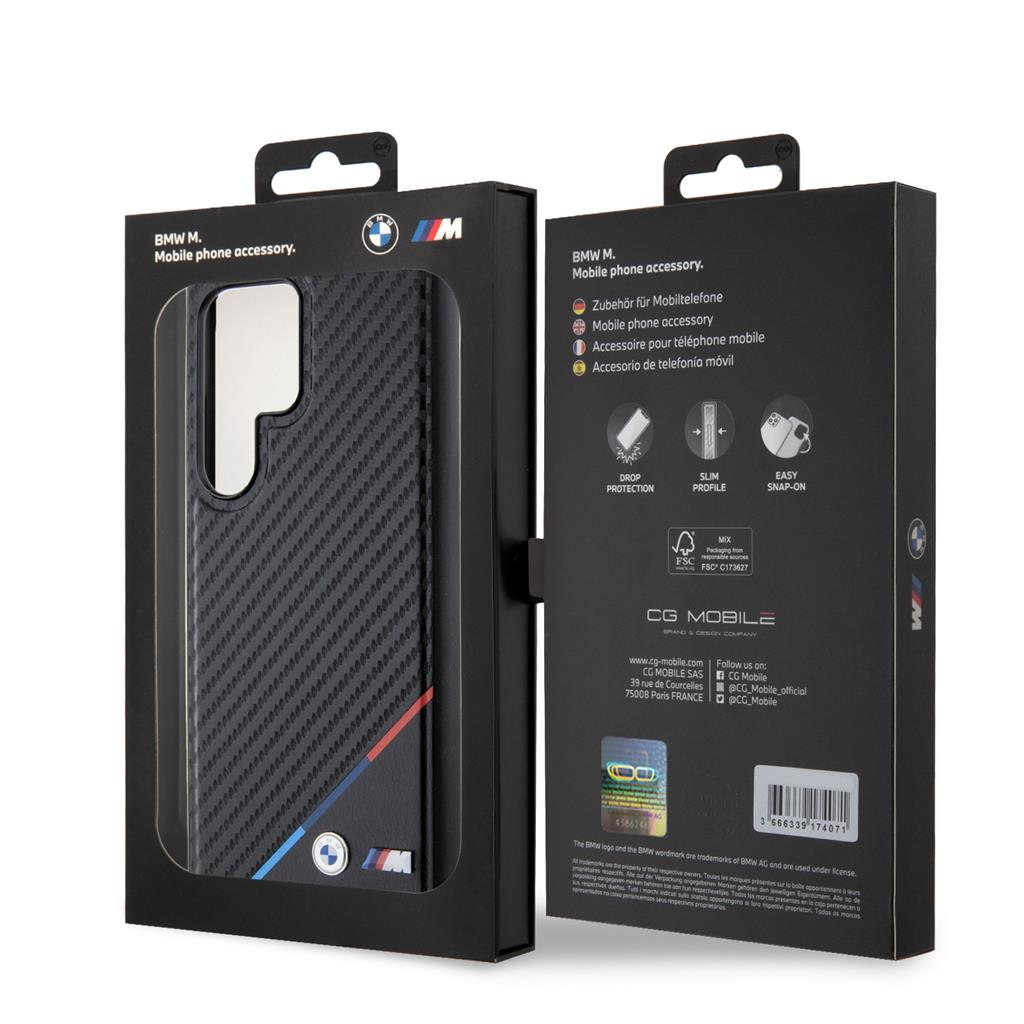 Samsung Galaxy S24 Ultra BMW M PU Leather Carbon MagSafe tok – Tricolor Line (Fekete) - BMHMS24L23PUDTK