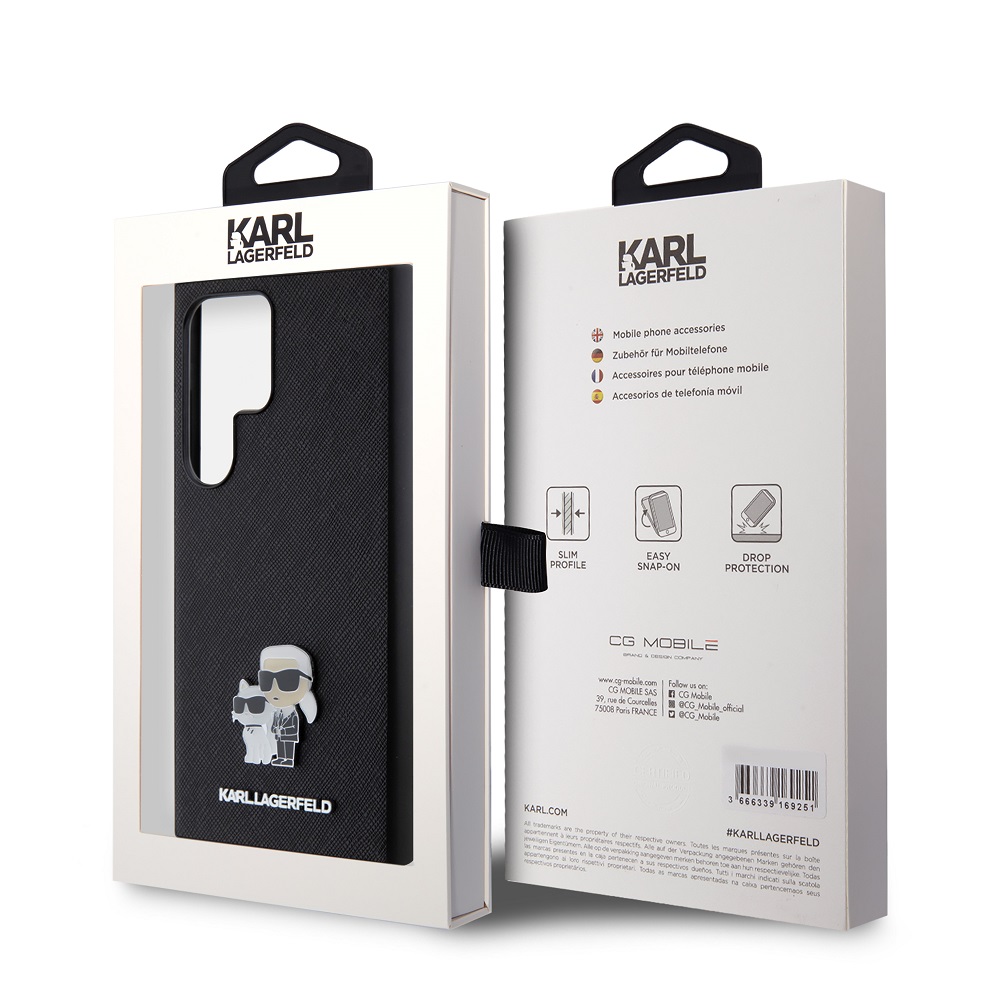 Samsung Galaxy S24 Ultra Karl Lagerfeld PU Saffiano Metal Karl and Choupette tok (Fekete) – KLHCS24LPSAKCMPK