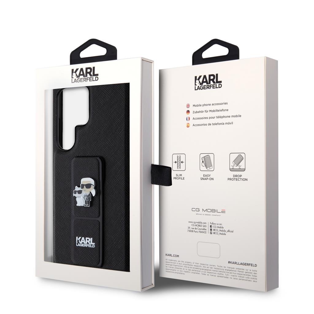Samsung Galaxy S24 Ultra Karl Lagerfeld Saffiano Grip Stand Metal Logo tok (Fekete) – KLHCS24LGSAKCPK