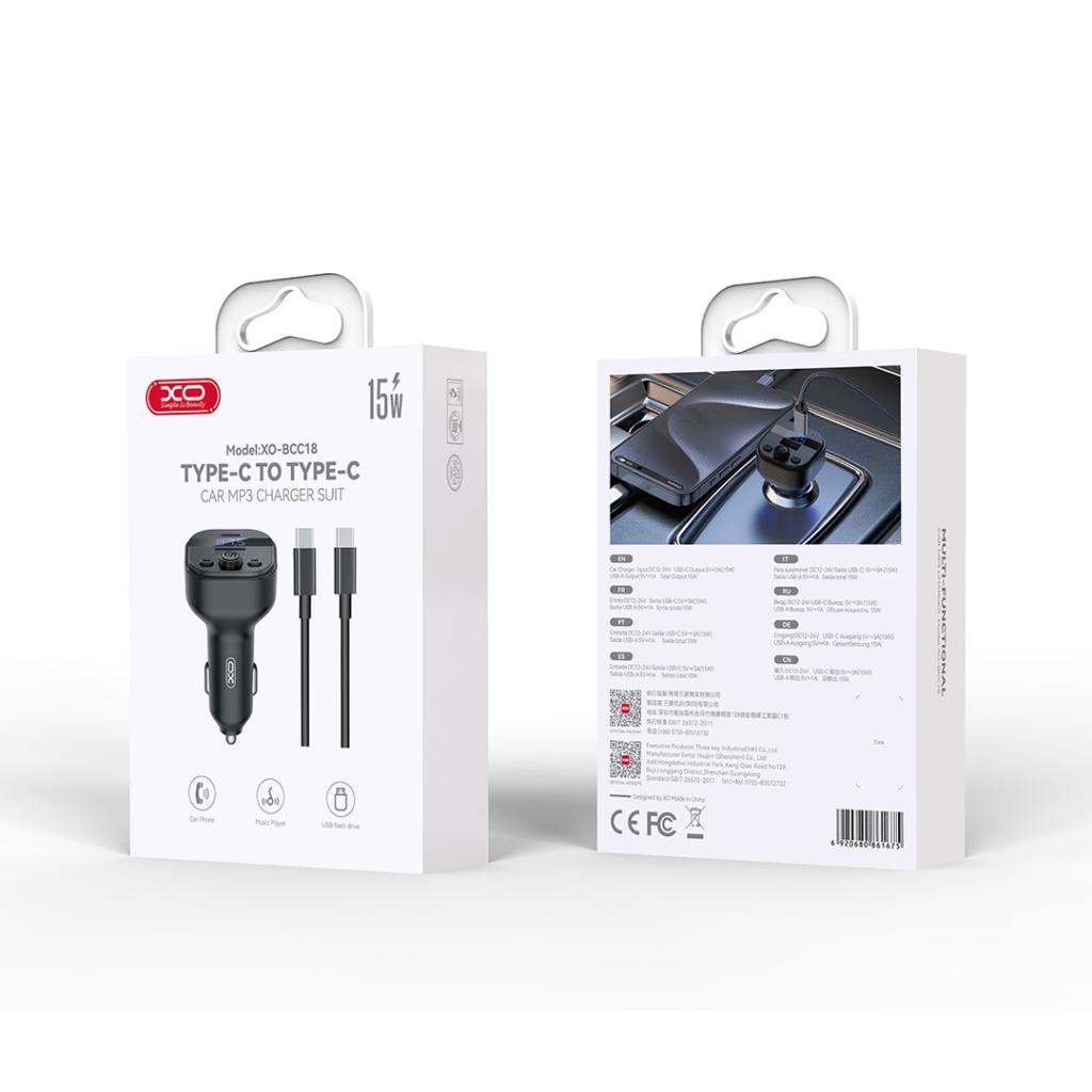 XO BCC18 Bluetooth MP3 autós töltő 3A + Type-C kábel (Fekete)