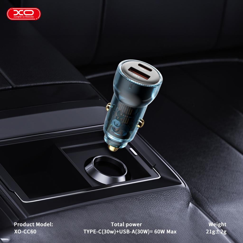 XO CC60 autós töltő 60W 1×USB + 1×USB-C (Kék)