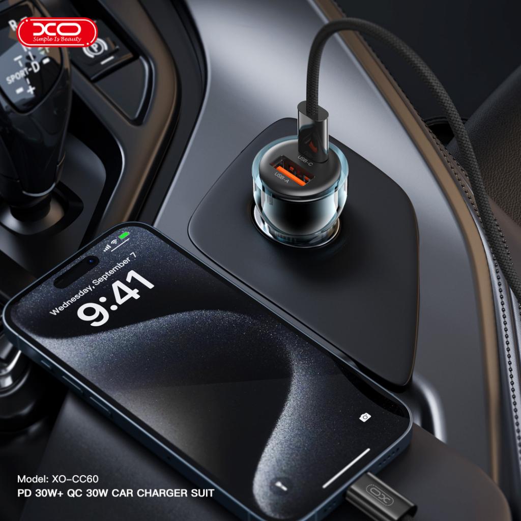 XO CC60 autós töltő 60W 1×USB + 1×USB-C (Kék)
