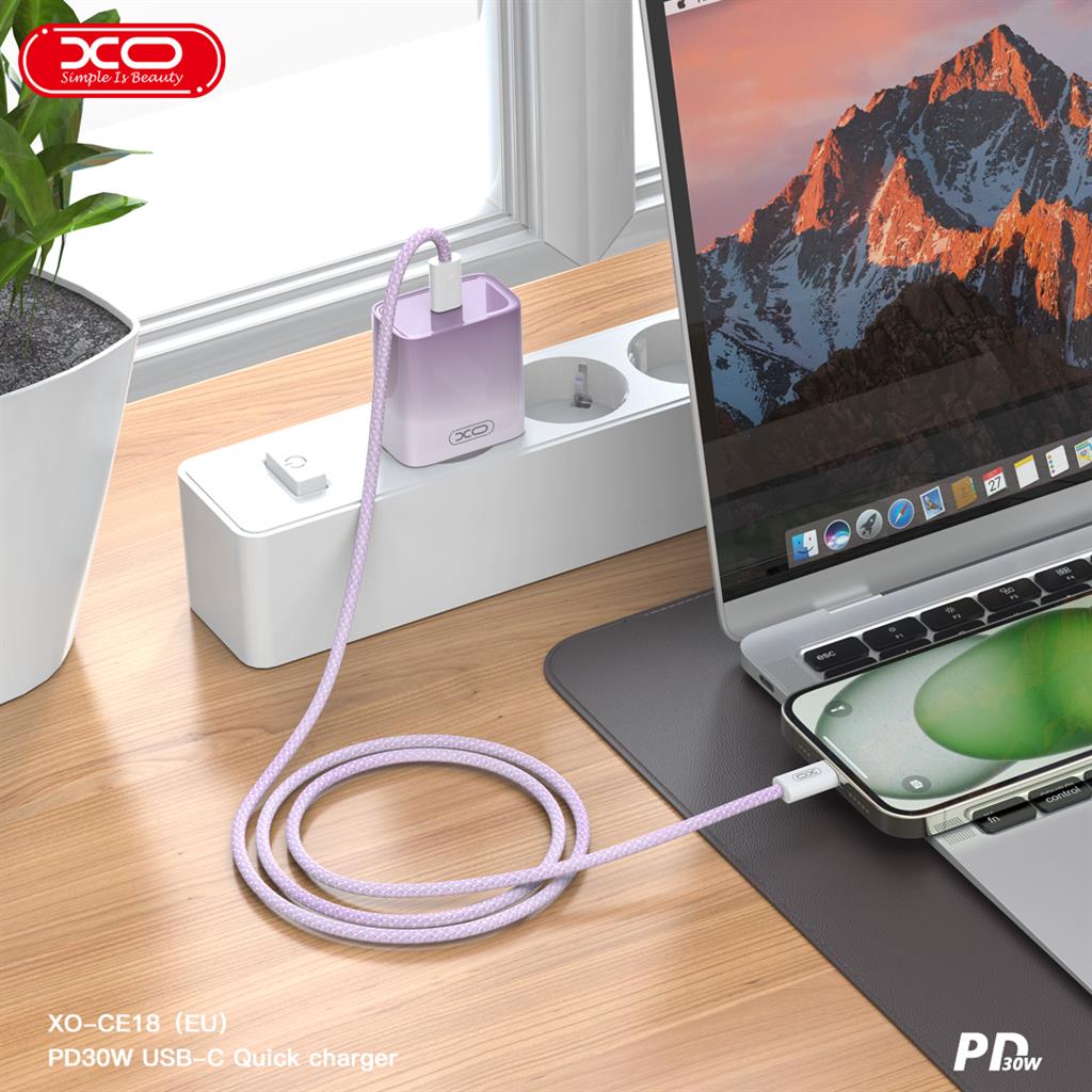 XO CE18 gyorstöltő adapter, 30W Type-C, lightning kábelle lila 0