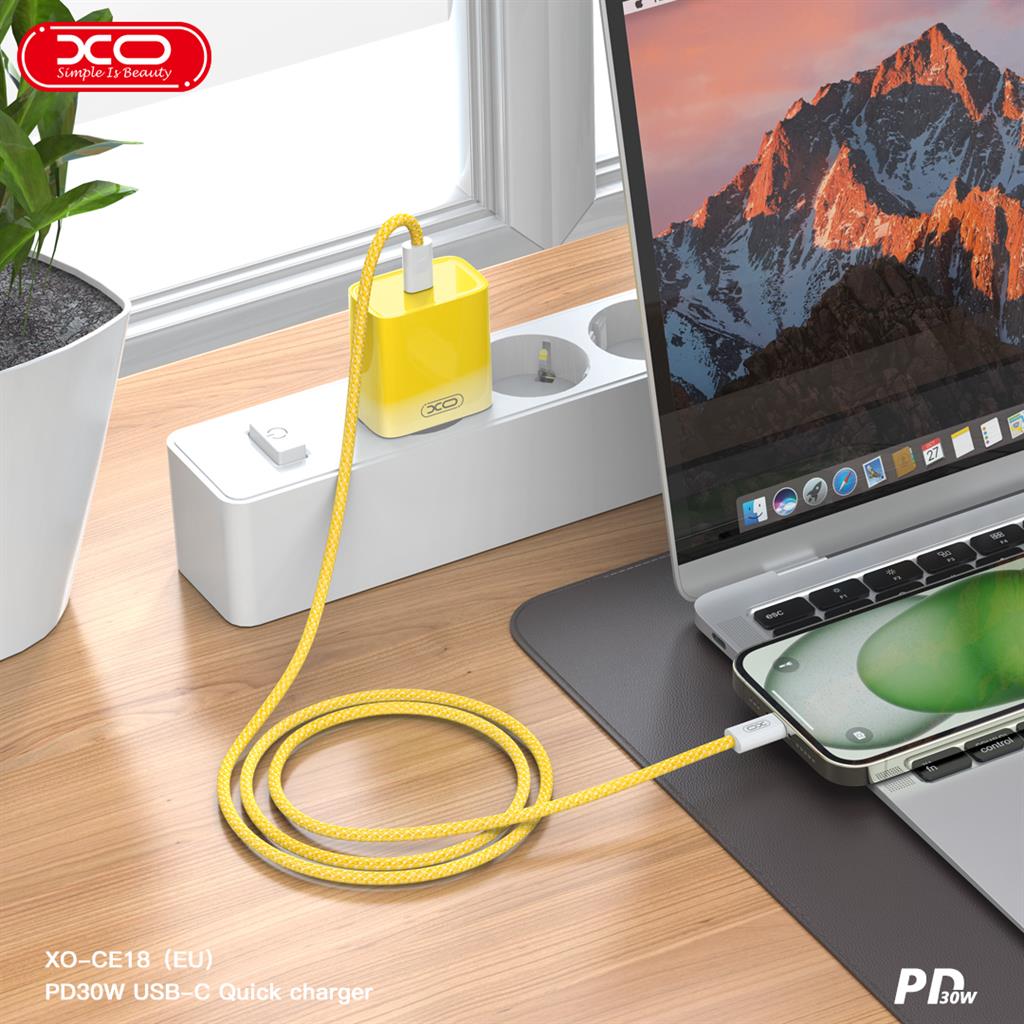 XO CE18 gyorstöltő adapter, 30W Type-C, lightning kábelle sárga 0