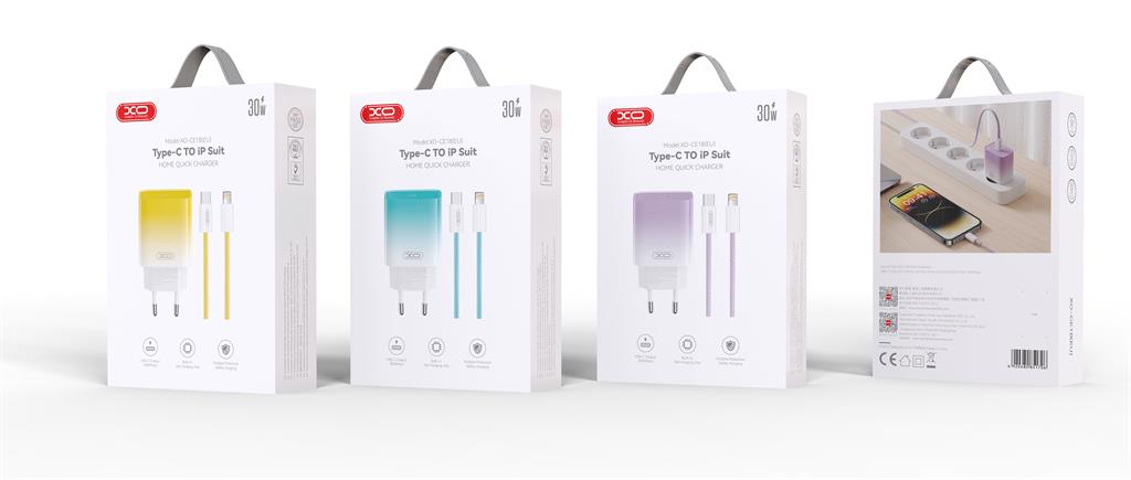 XO CE18 gyorstöltő adapter, 30W Type-C, lightning kábelle sárga 1