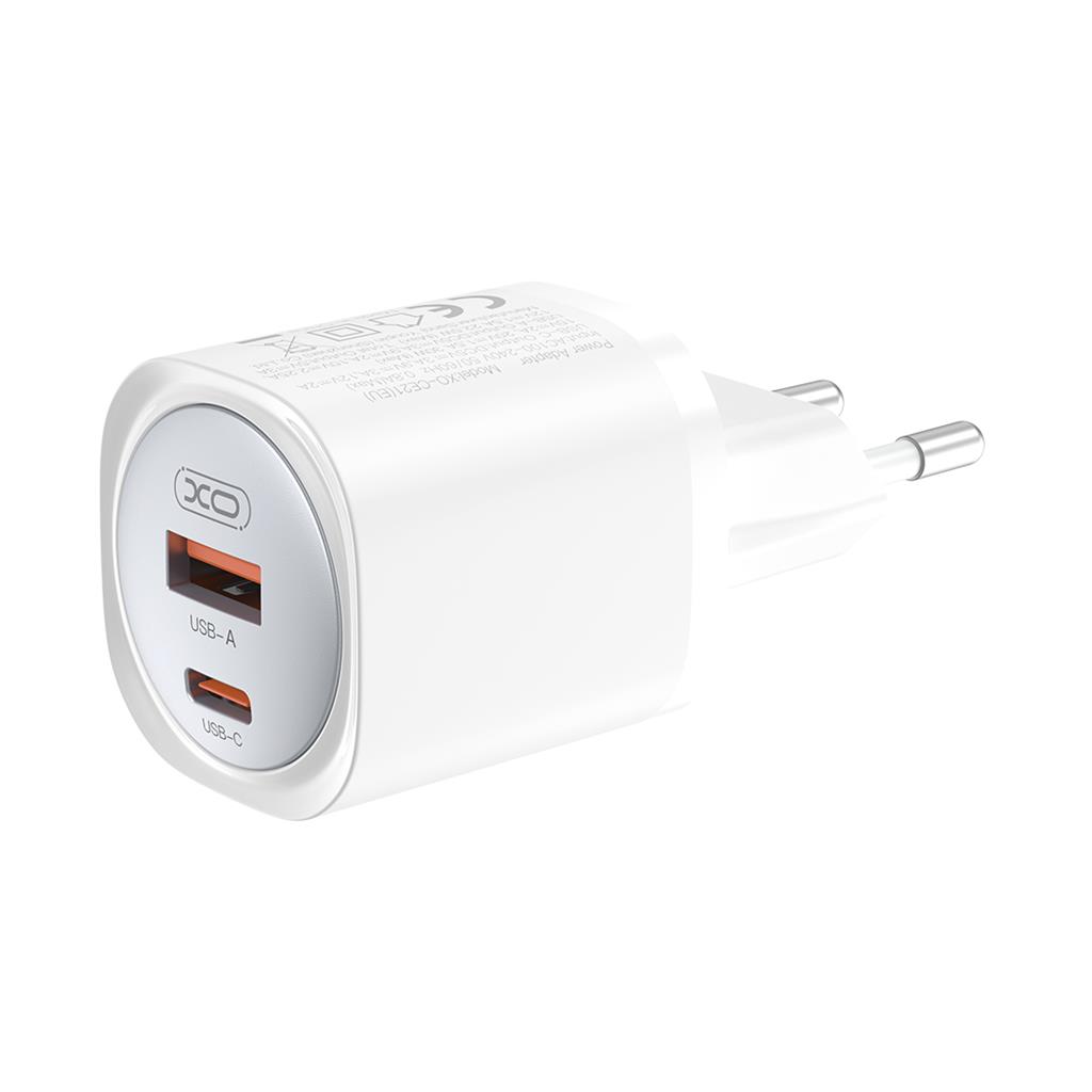 XO CE21 30W GaN gyorstöltő (Fehér) – PD 30W, USB-C + USB-A csatlakozó, Lightning kábellel 0