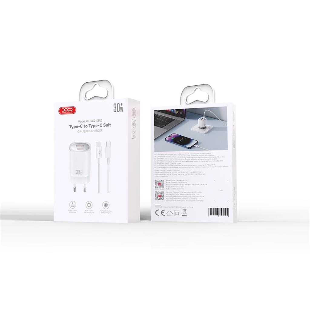 XO CE21 30W GaN gyorstöltő (Fehér) – PD 30W, USB-C + USB-A csatlakozó, Lightning kábellel 1