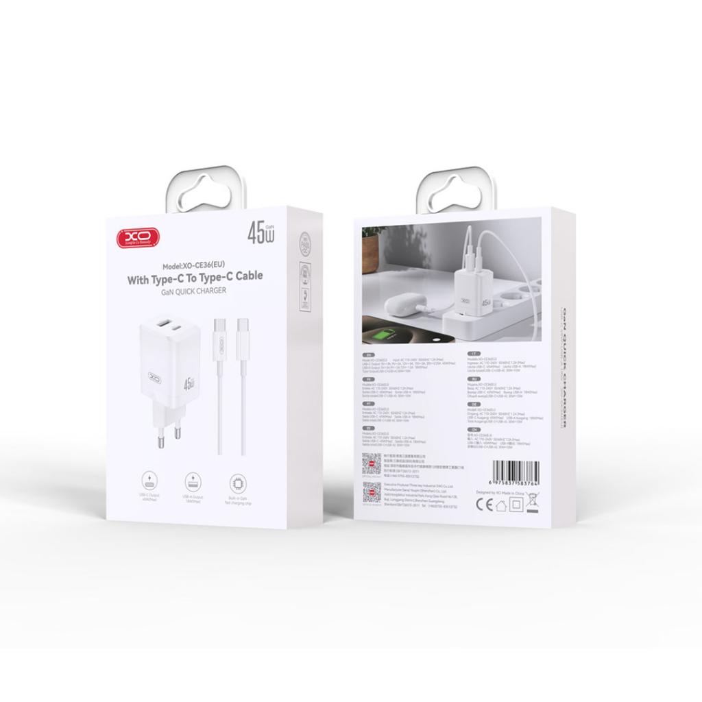 XO CE36 GaN fali töltő 45W 1x USB-C + 1x USB-A (Fehér)