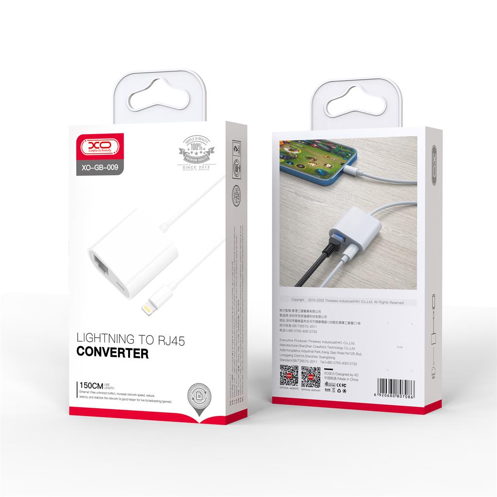 XO GB009 hálózati adapter (Fehér) – Lightning–Ethernet csatlakozó