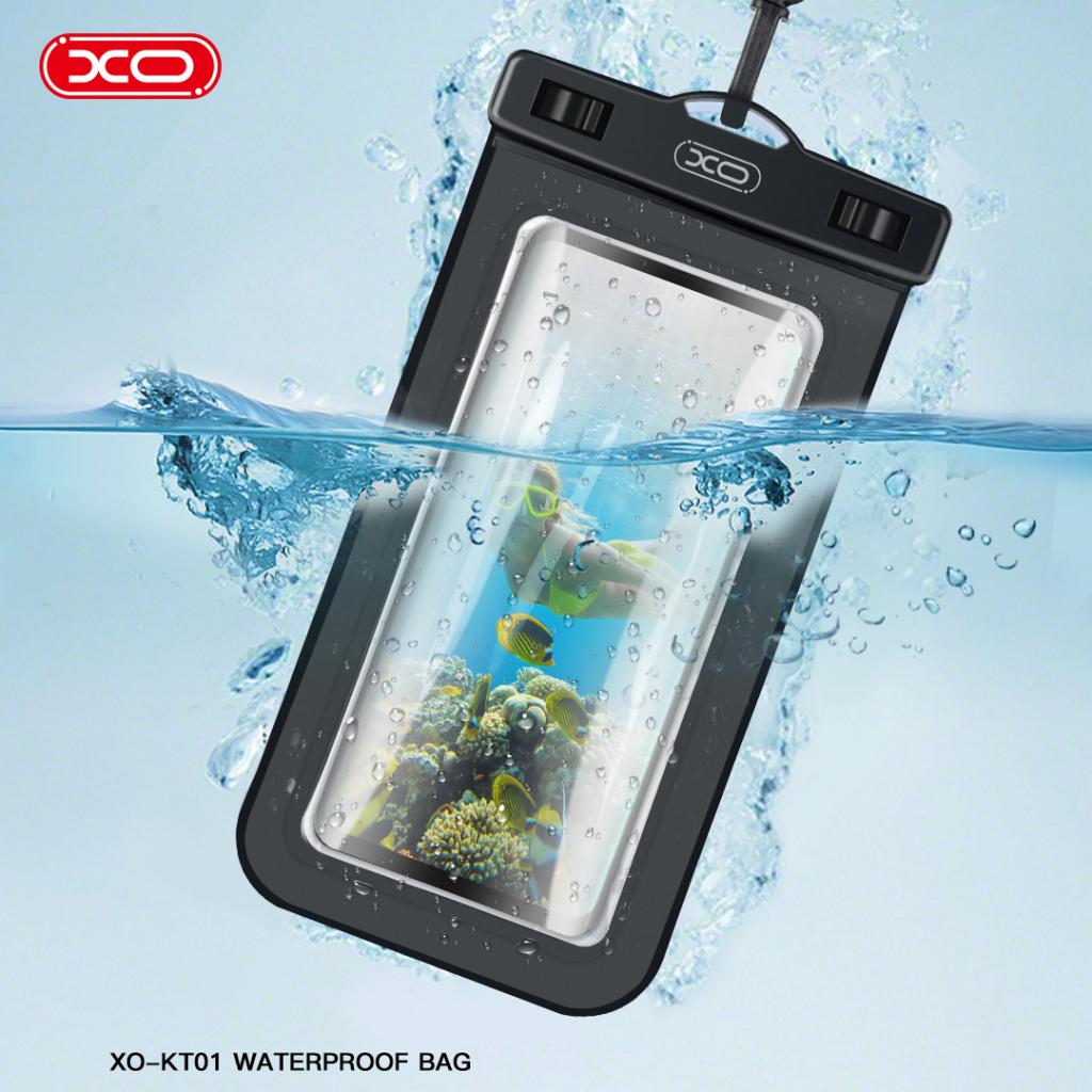 XO KT01 PVC vízálló telefontok nyitható ablakkal és nyakpánttal (Fekete) 1