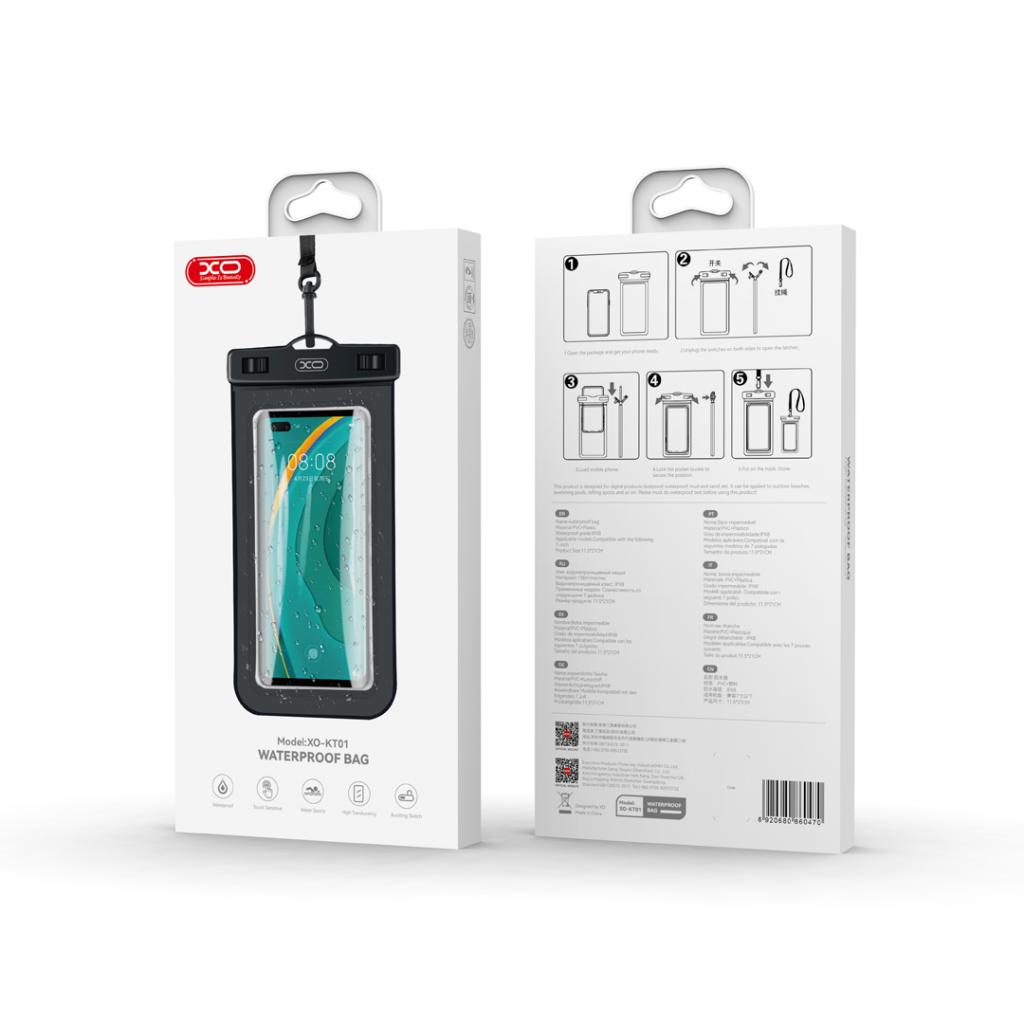 XO KT01 PVC vízálló telefontok nyitható ablakkal és nyakpánttal (Fekete) 2