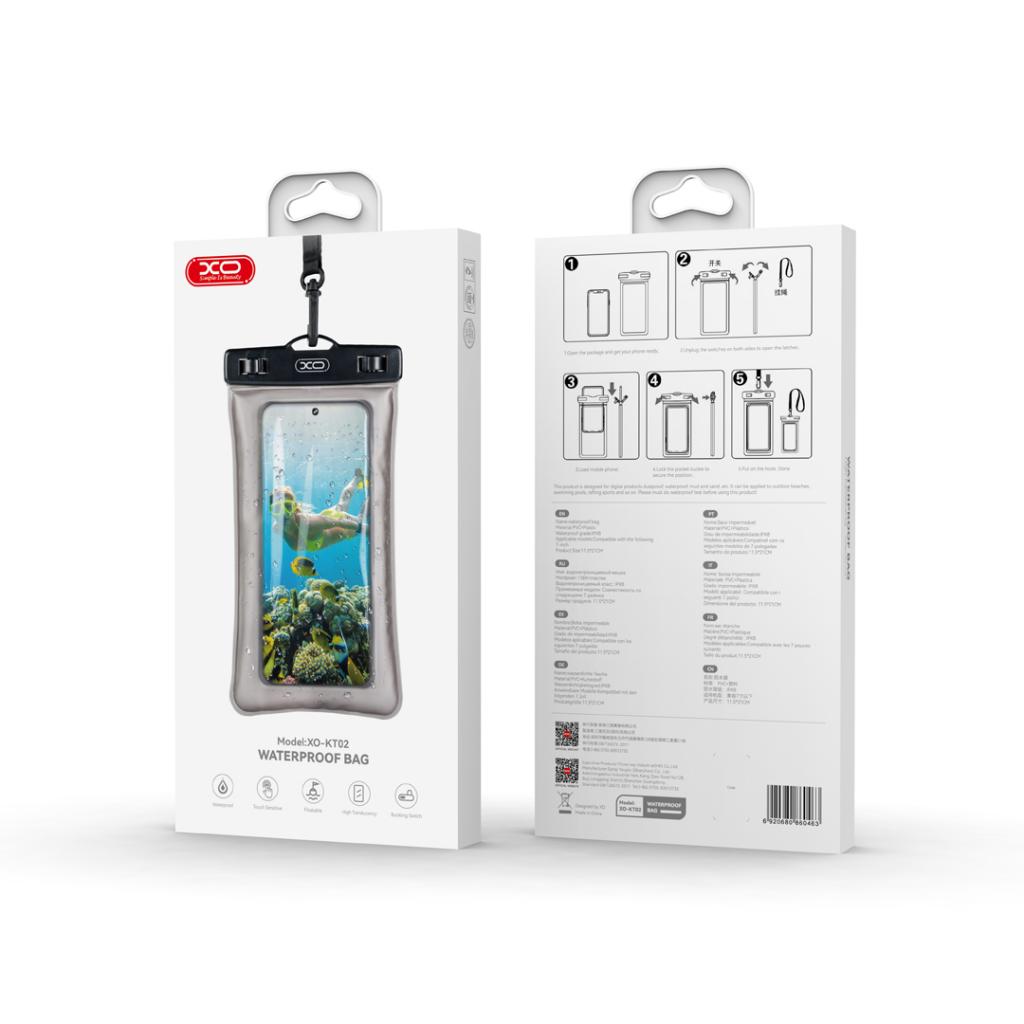 XO KT02 PVC vízálló telefontok dupla csattal és nyakpánttal (Fekete) 1