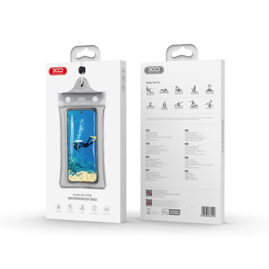 XO KT03 PVC vízálló telefontok három cipzárral és nyakpánttal (Fekete) 1