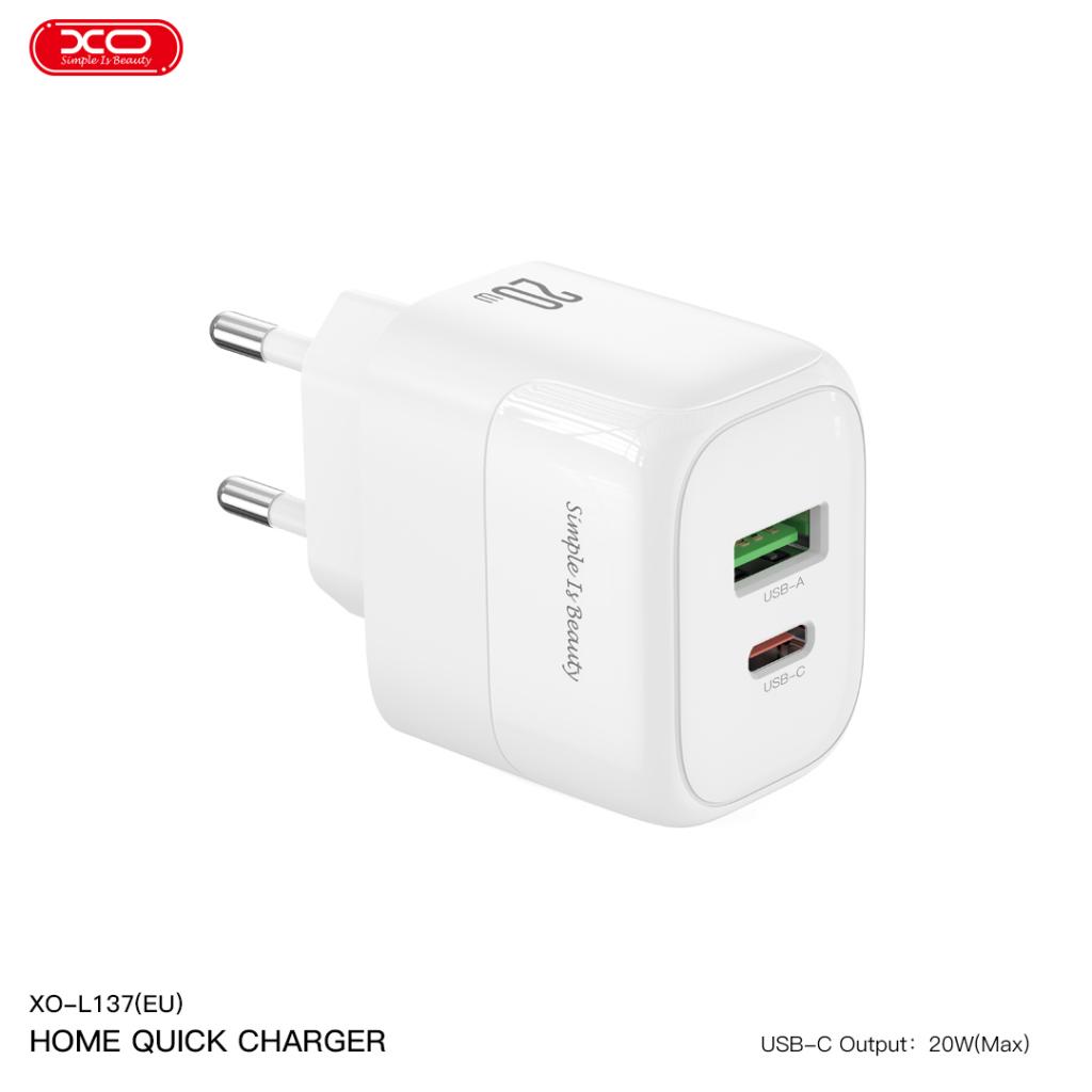 XO L137 PD 20W gyorstöltő (Fehér) – PD 20W + QC 18W, USB-A + USB-C csatlakozó, Lightning kábellel 0