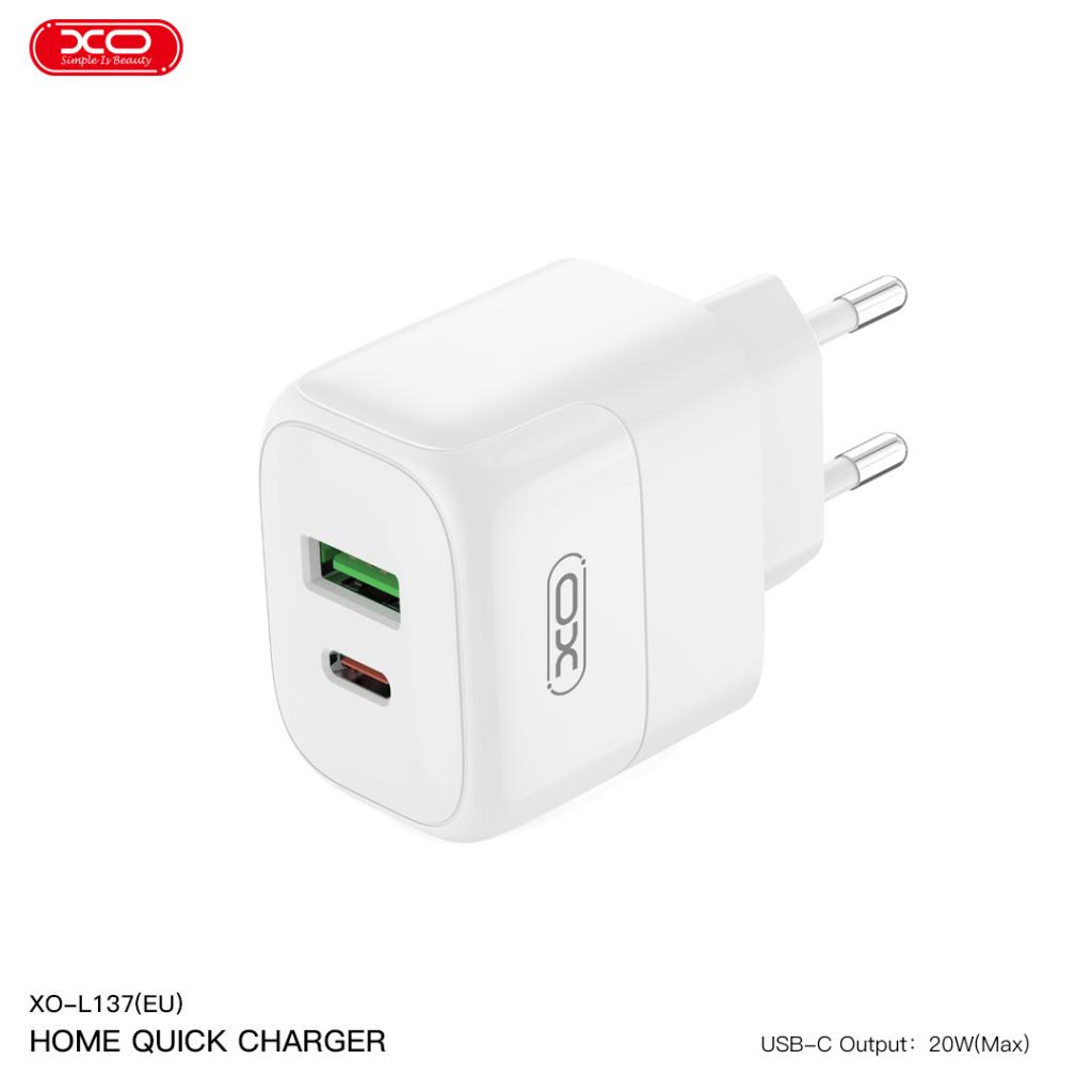 XO L137 PD 20W gyorstöltő (Fehér) – PD 20W + QC 18W, USB-A + USB-C csatlakozó, Lightning kábellel 1