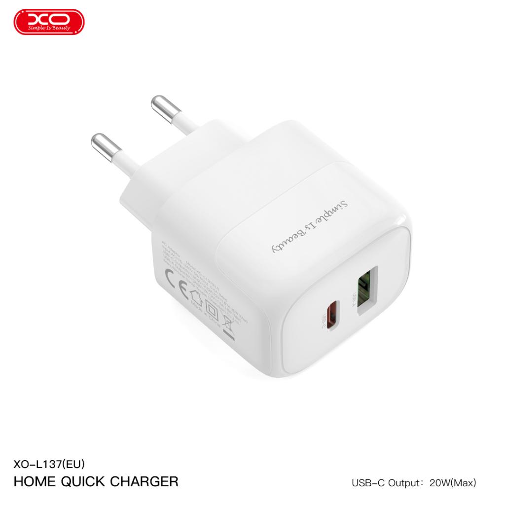 XO L137 PD 20W gyorstöltő (Fehér) – PD 20W + QC 18W, USB-A + USB-C csatlakozó, Lightning kábellel 2