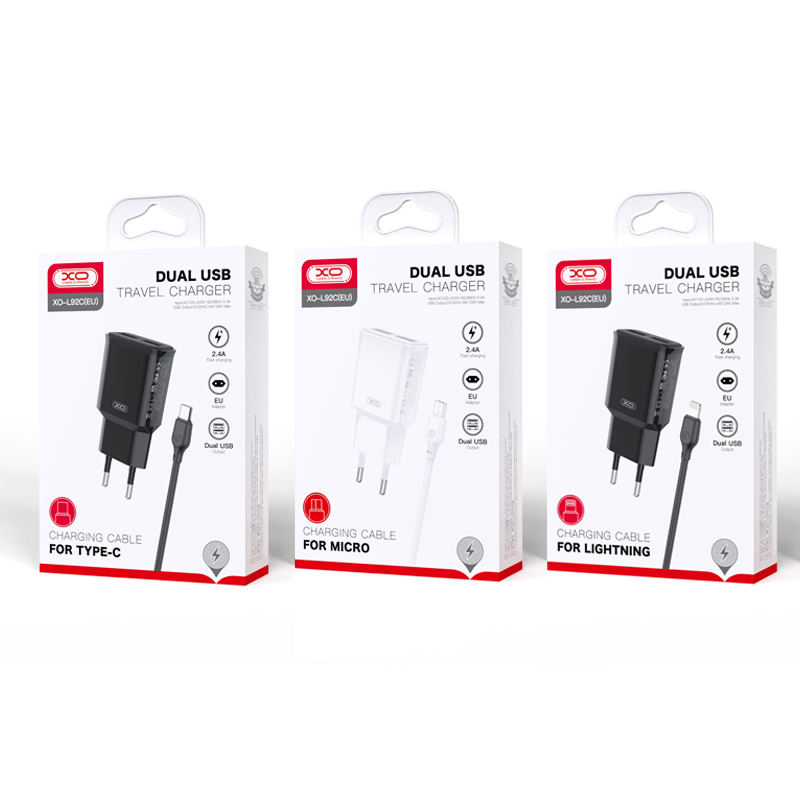XO L92C 2.4A töltő (Fehér) – dupla USB csatlakozó, Type-C kábellel