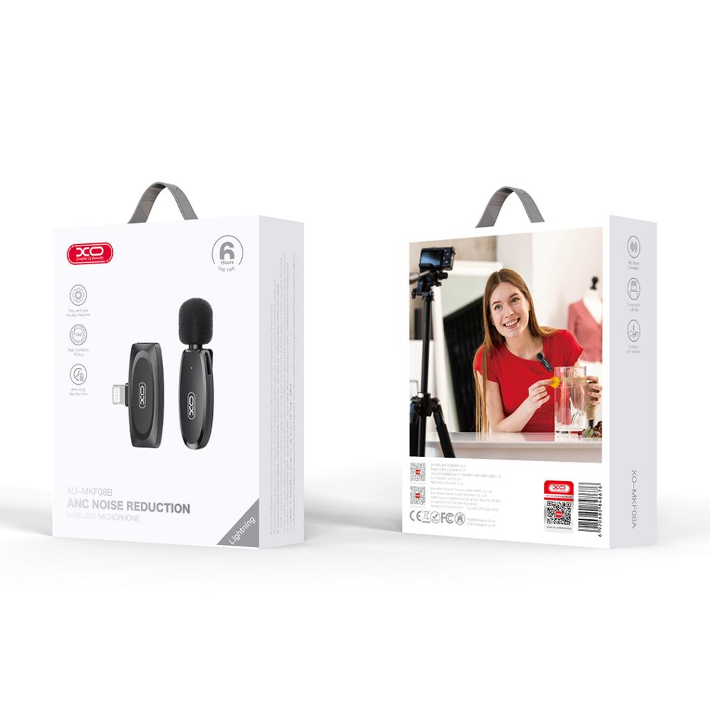XO MKF08B vezeték nélküli gallérra csíptethető mikrofon (Fekete) – Lightning csatlakozóval