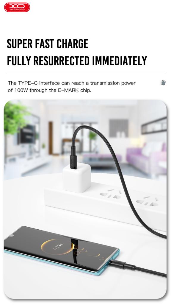 XO NB-Q199 Type-C-Type-C adatkábel (Fekete) - 100W, 1.5M