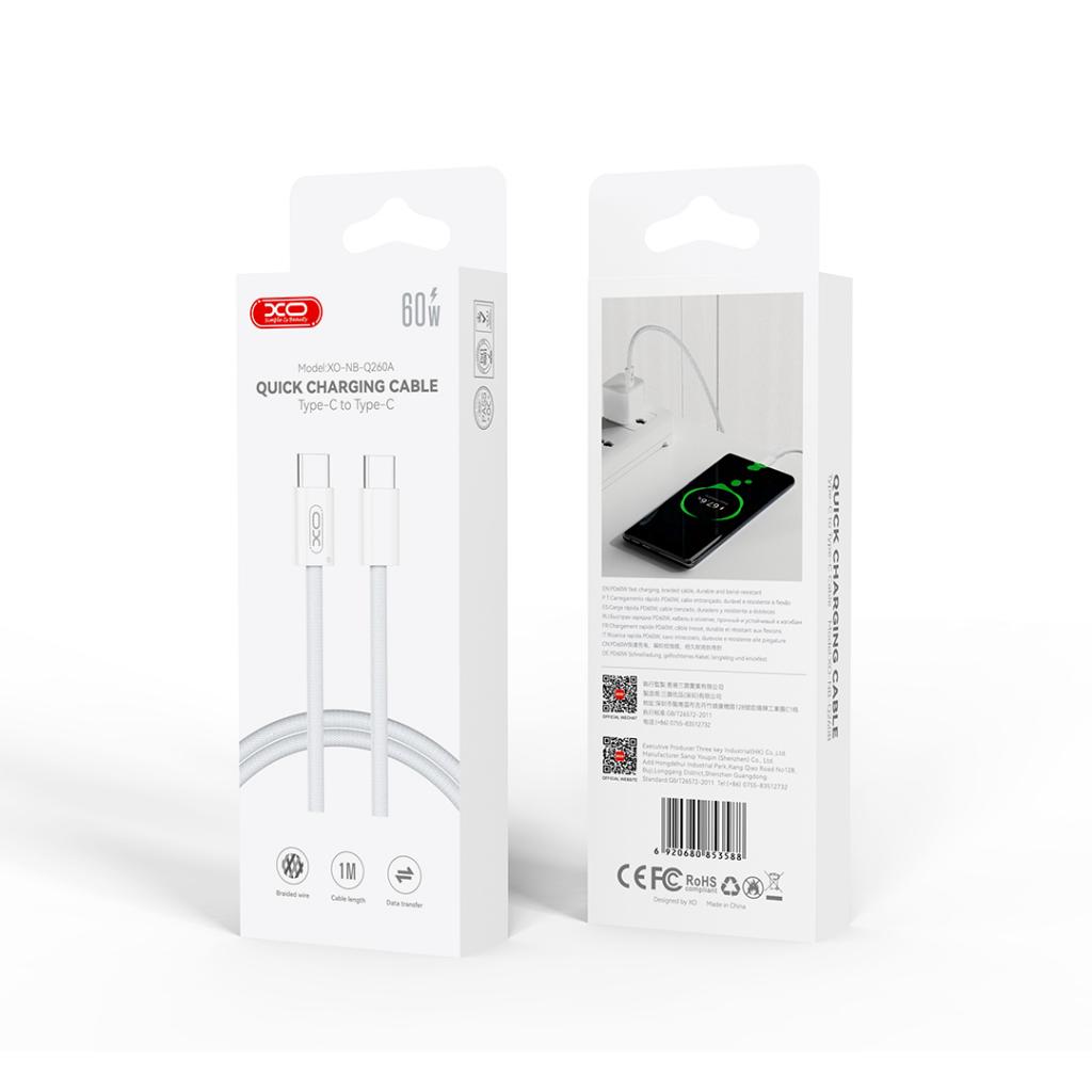 XO NB-Q260A USB-C–USB-C adatkábel (Fehér) – 1 m, 60W, fonott kivitel