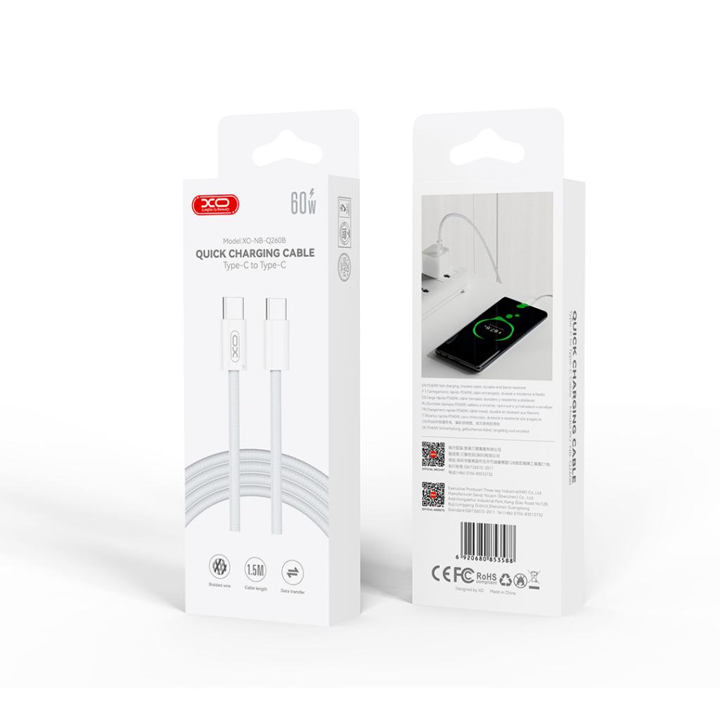 XO NB-Q260B USB-C–USB-C adatkábel (Fehér) – 1.5 m, 60W, fonott kivitel