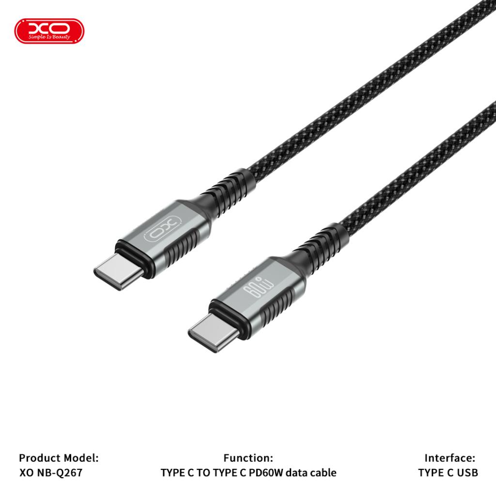 XO NB-Q267 mágneses USB-C–USB-C adatkábel (Fekete) – 1 m, fonott kivitel, 60W