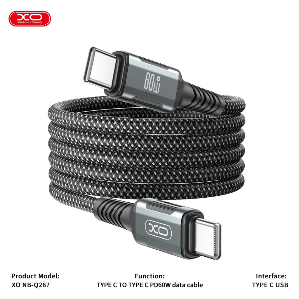 XO NB-Q267 mágneses USB-C–USB-C adatkábel (Fekete) – 1 m, fonott kivitel, 60W