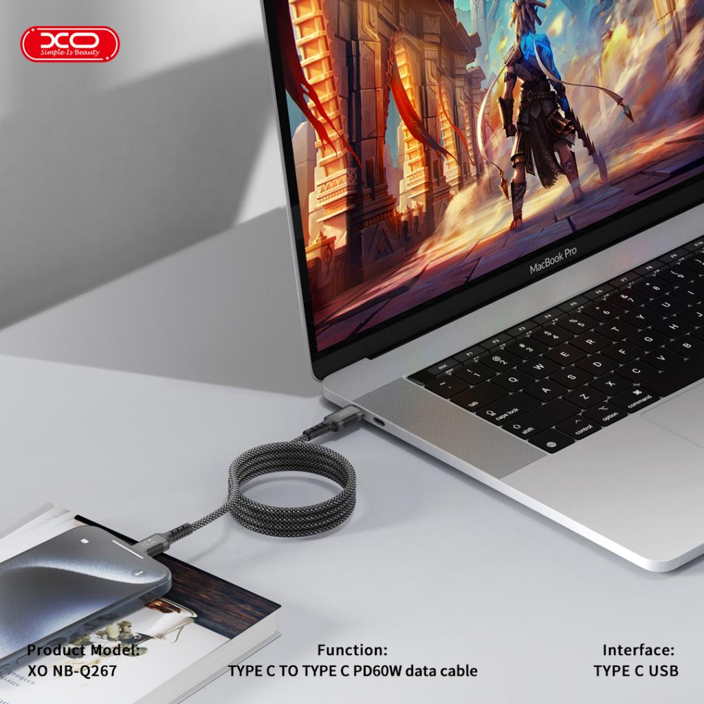 XO NB-Q267 mágneses USB-C–USB-C adatkábel (Fekete) – 1 m, fonott kivitel, 60W