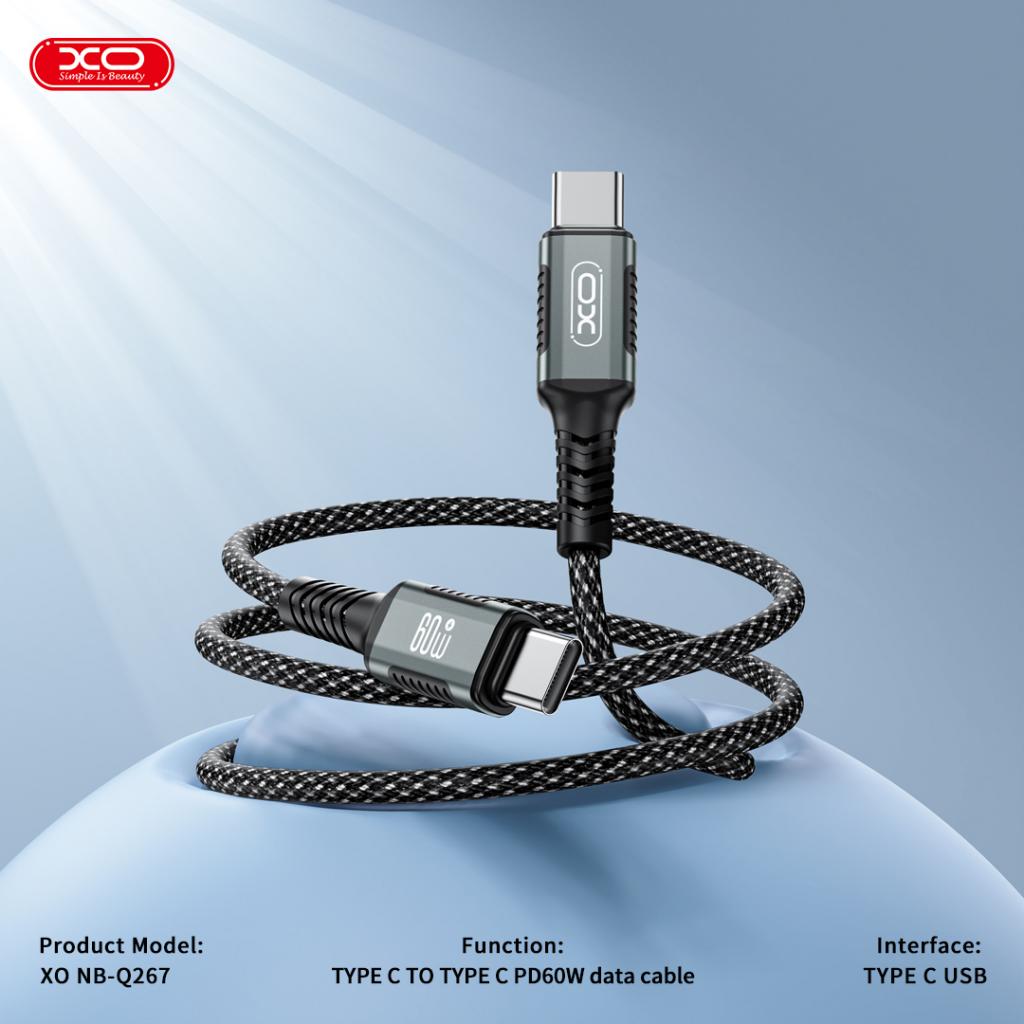 XO NB-Q267 mágneses USB-C–USB-C adatkábel (Fekete) – 1 m, fonott kivitel, 60W