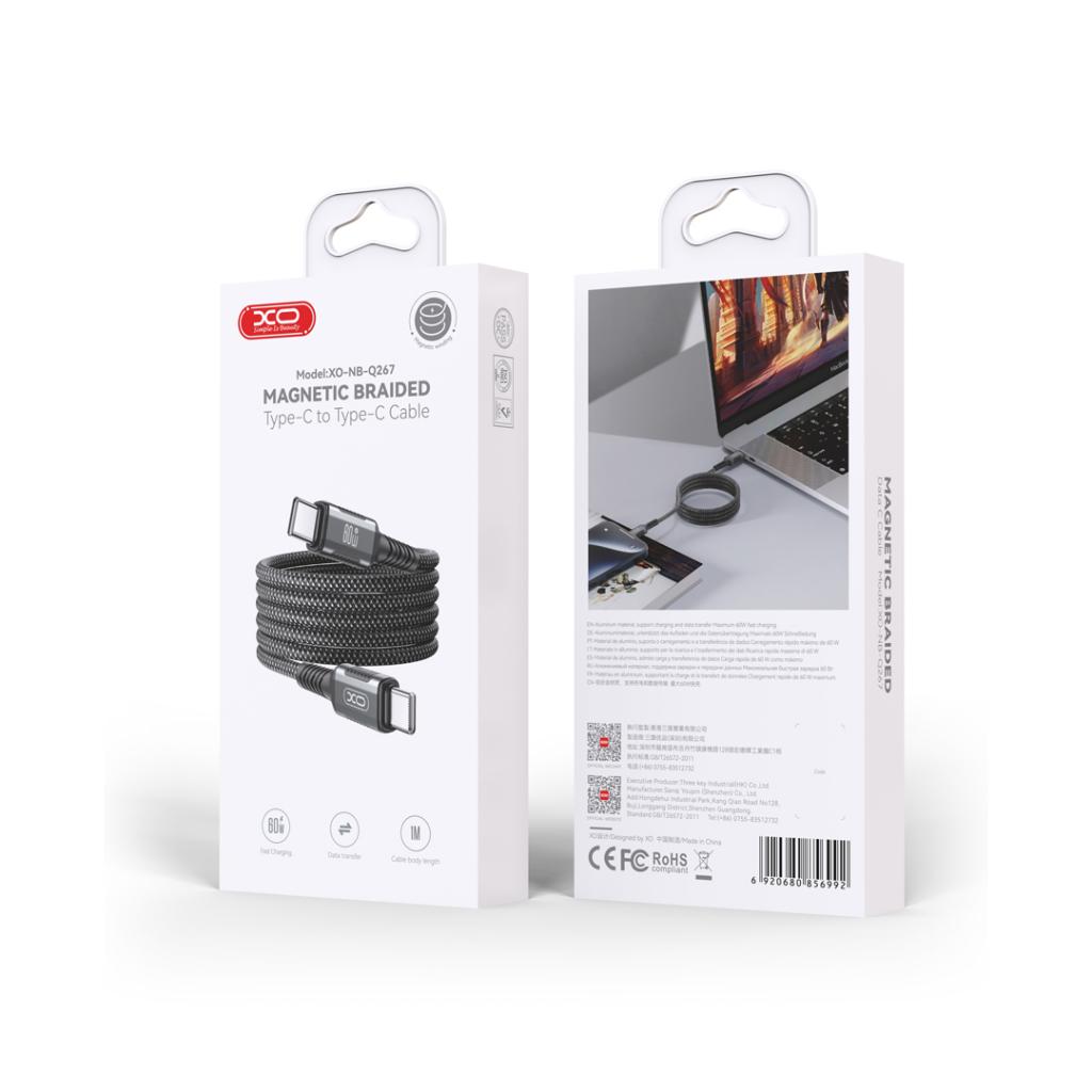 XO NB-Q267 mágneses USB-C–USB-C adatkábel (Fekete) – 1 m, fonott kivitel, 60W