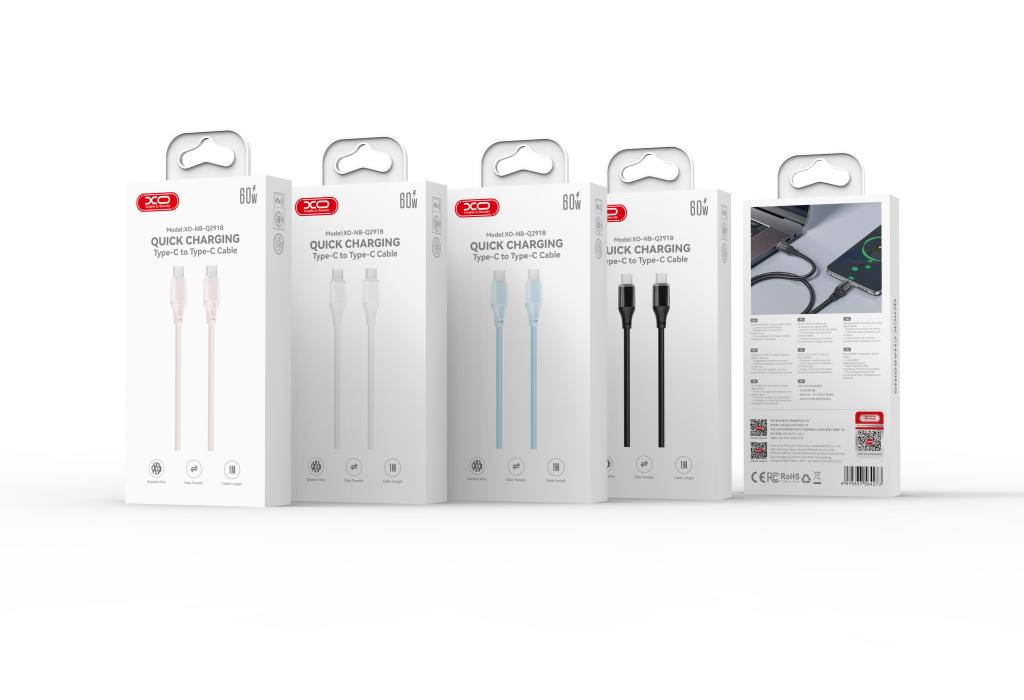 XO NB-Q291B Type-C-Type-C adatkábel (Rózsaszín) - 60W, szőtt bevonat, átlátszó ház