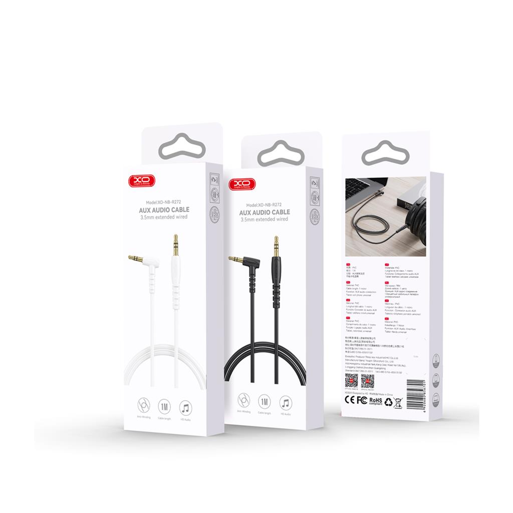 XO NB-R272 3,5 mm – 3,5 mm könyökcsatlakozós audio kábel (Fehér) - 1,0 m