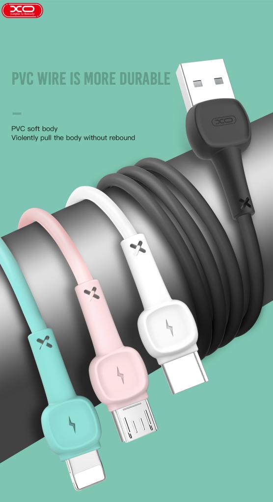 XO NB132 USB-C adatkábel Macaron (Fekete) – merevített vég