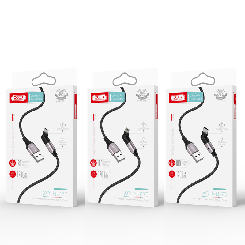 XO NB176 microUSB kábel, 2.4A, 1.2m mozgatható csatlakozóval , fekete 1
