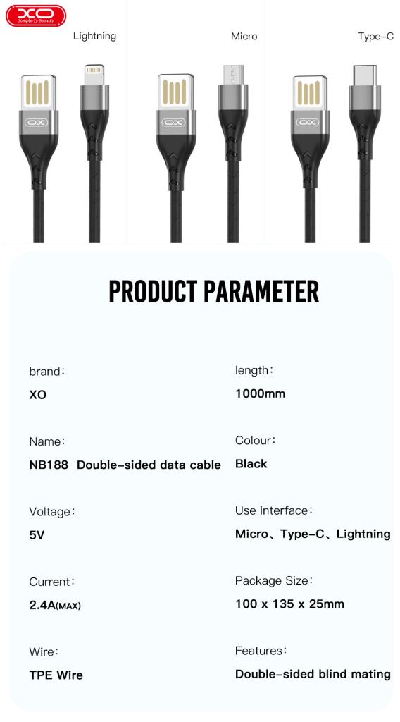 XO NB188 lightning kábel, kétoldalú USB, szürke 5
