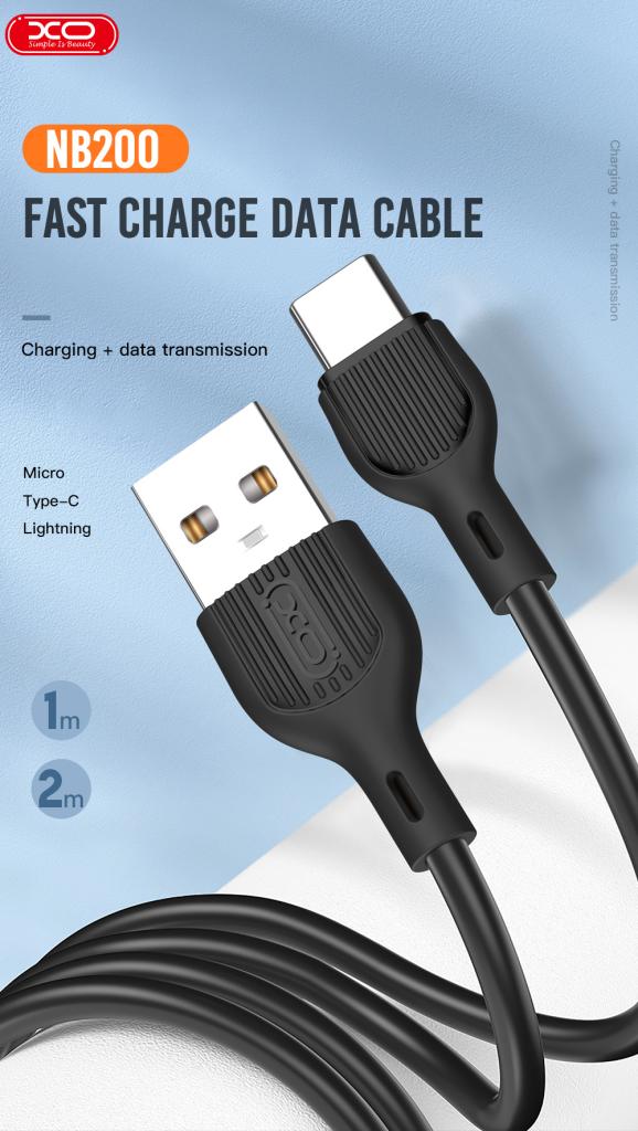 XO NB200 type-C kábel, PVC, 2,1A, fekete 0