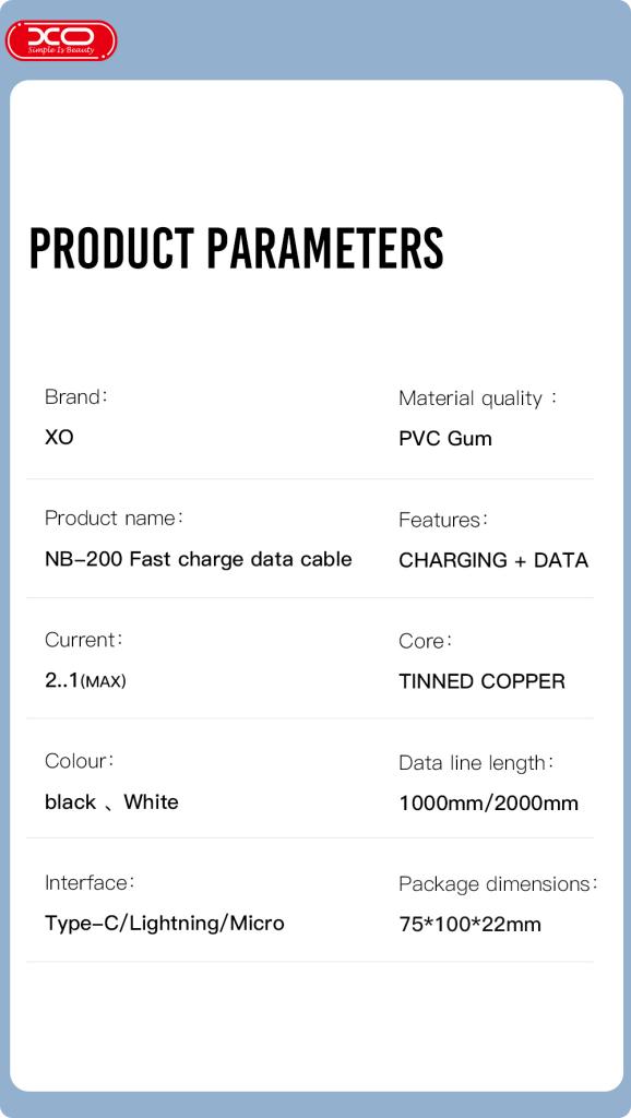 XO NB200 type-C kábel, PVC, 2,1A, fekete 4